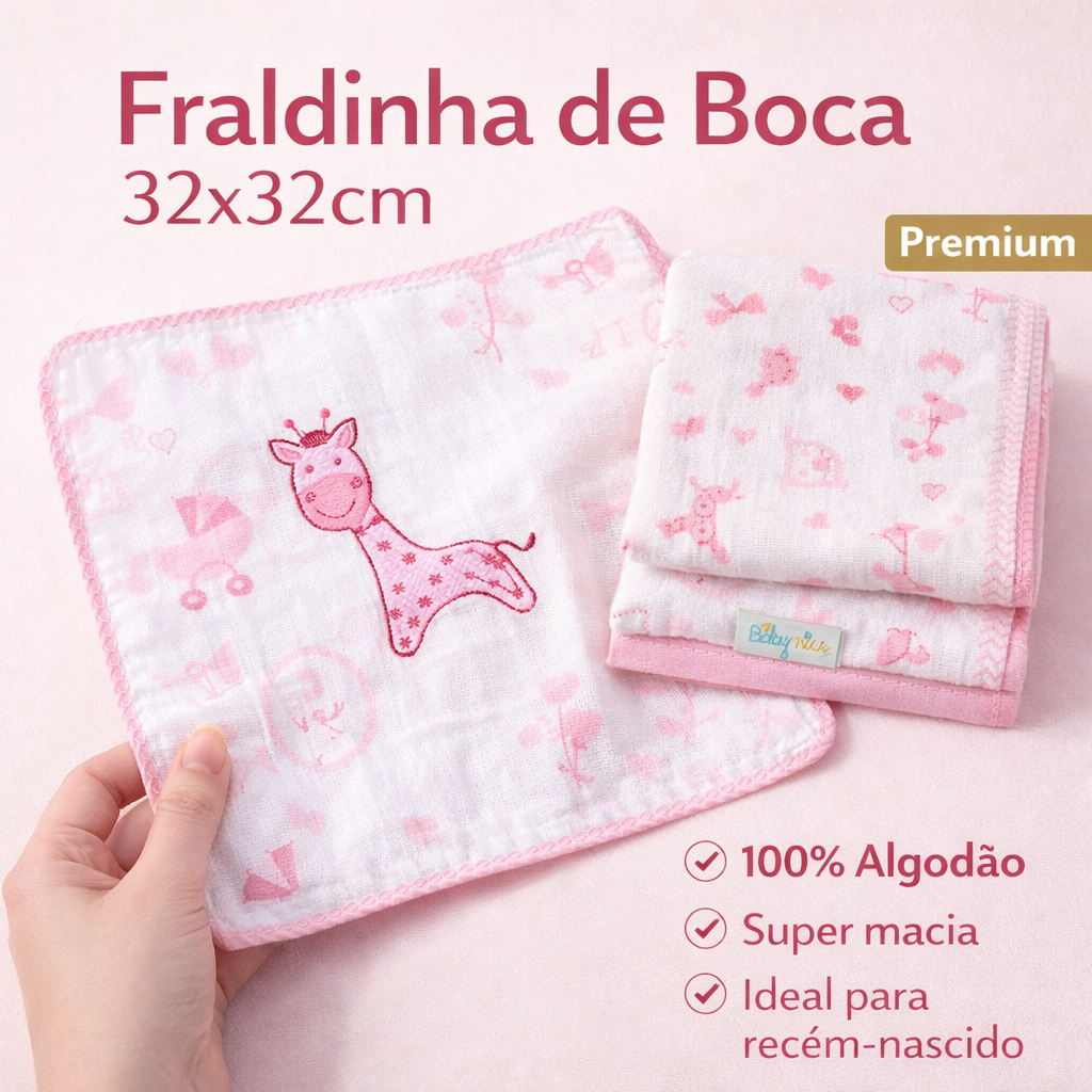 Fralda de Boca Bebê 32x32cm com 3 unidades 100% Algodão Ultra Macio Coleção Baby Nice Envio Imediato