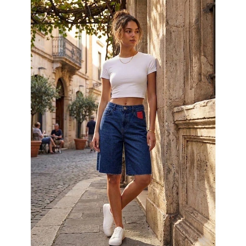 Shorts bermuda jeans femininos de cintura alta,  barra cortado modelo de verão