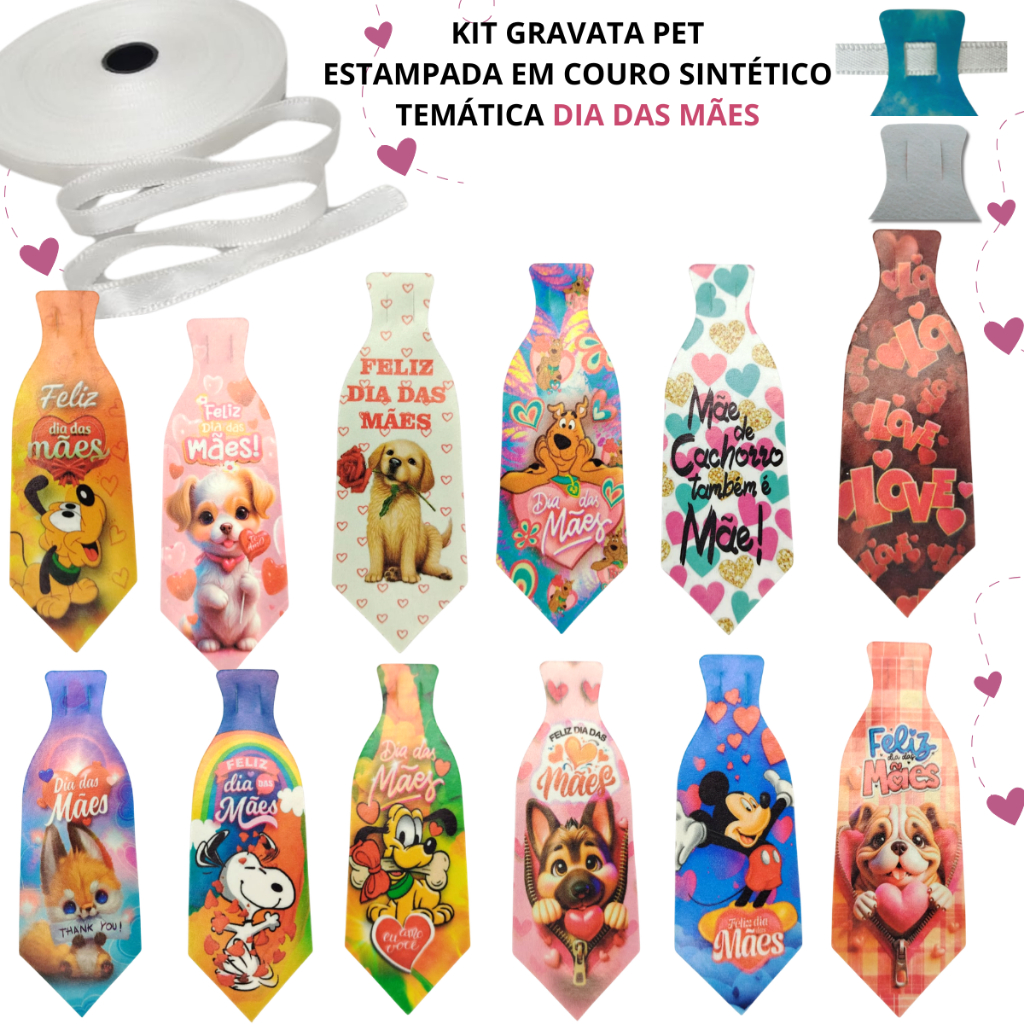 Gravata PET DIA DAS MÃES Estampada Em Couro Sintético 100un C/ Fita Cetim