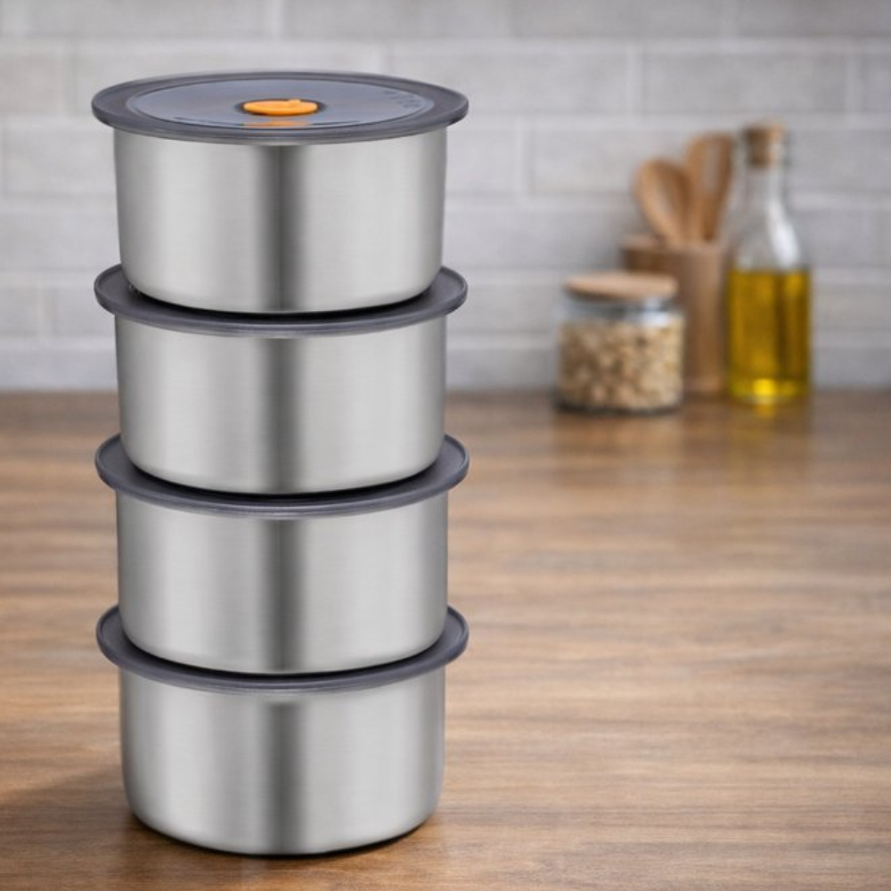 Conjunto 4 Potes Herméticos Redondo Inox Organização Casa Cozinha Geladeira Despensa Armazenar Alimentos Marmitas 450ML