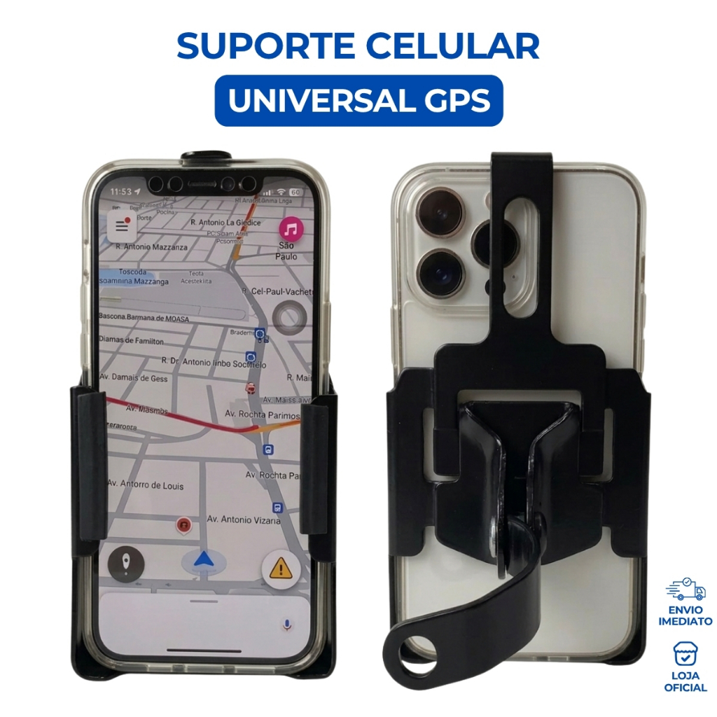 Suporte Celular Ferro Moto Universal Reforço Proteção Preto Articulado Motoboy