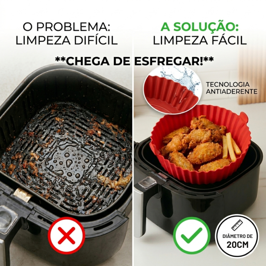 Forma Redonda de Silicone 20cm Air Fryer - Alça - Antiaderente - Fácil Limpeza - Reutilizável 3-15L