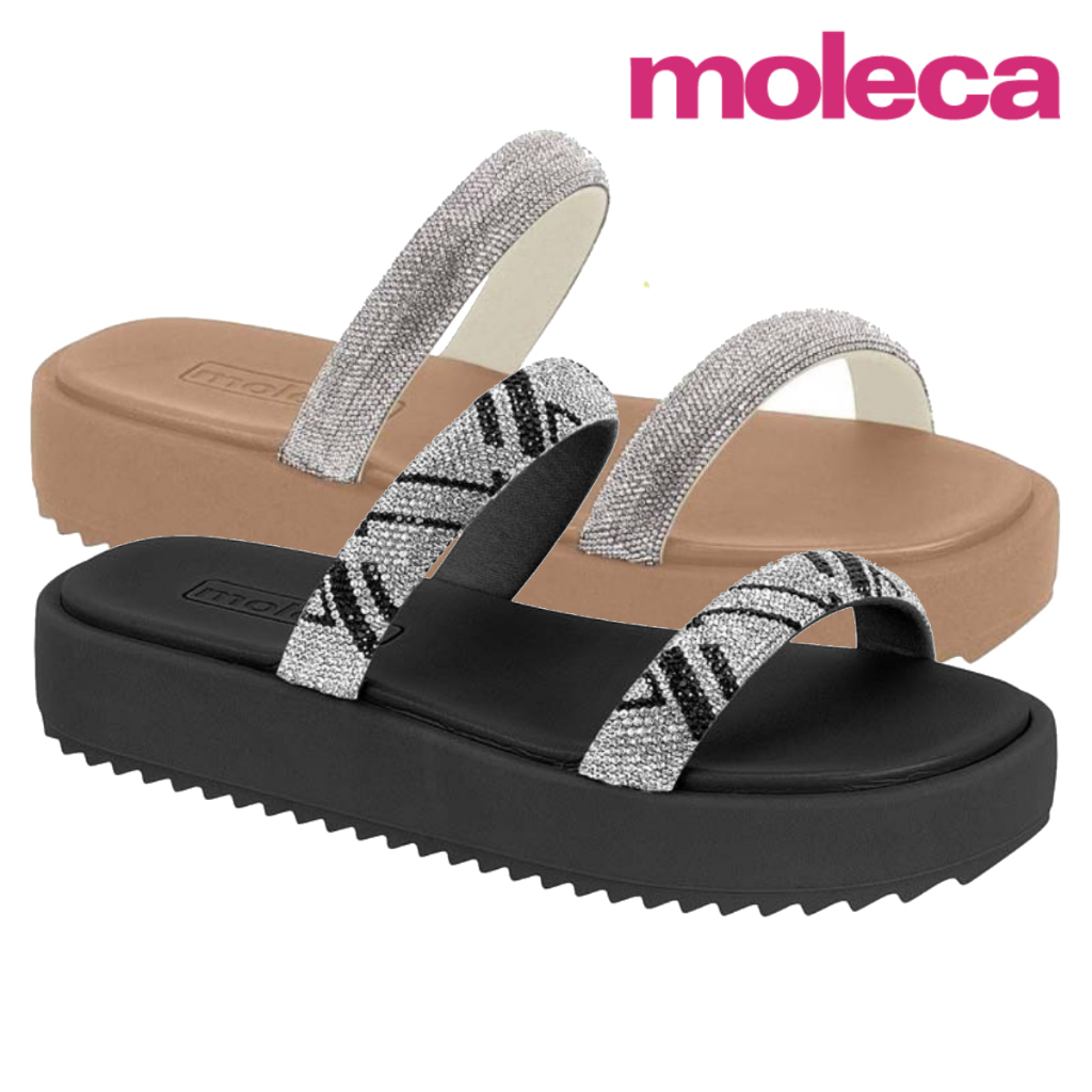 Tamanco Papete Feminina Moleca Plataforma Duas Tiras Brilhantes Shine Strass Confortável Original