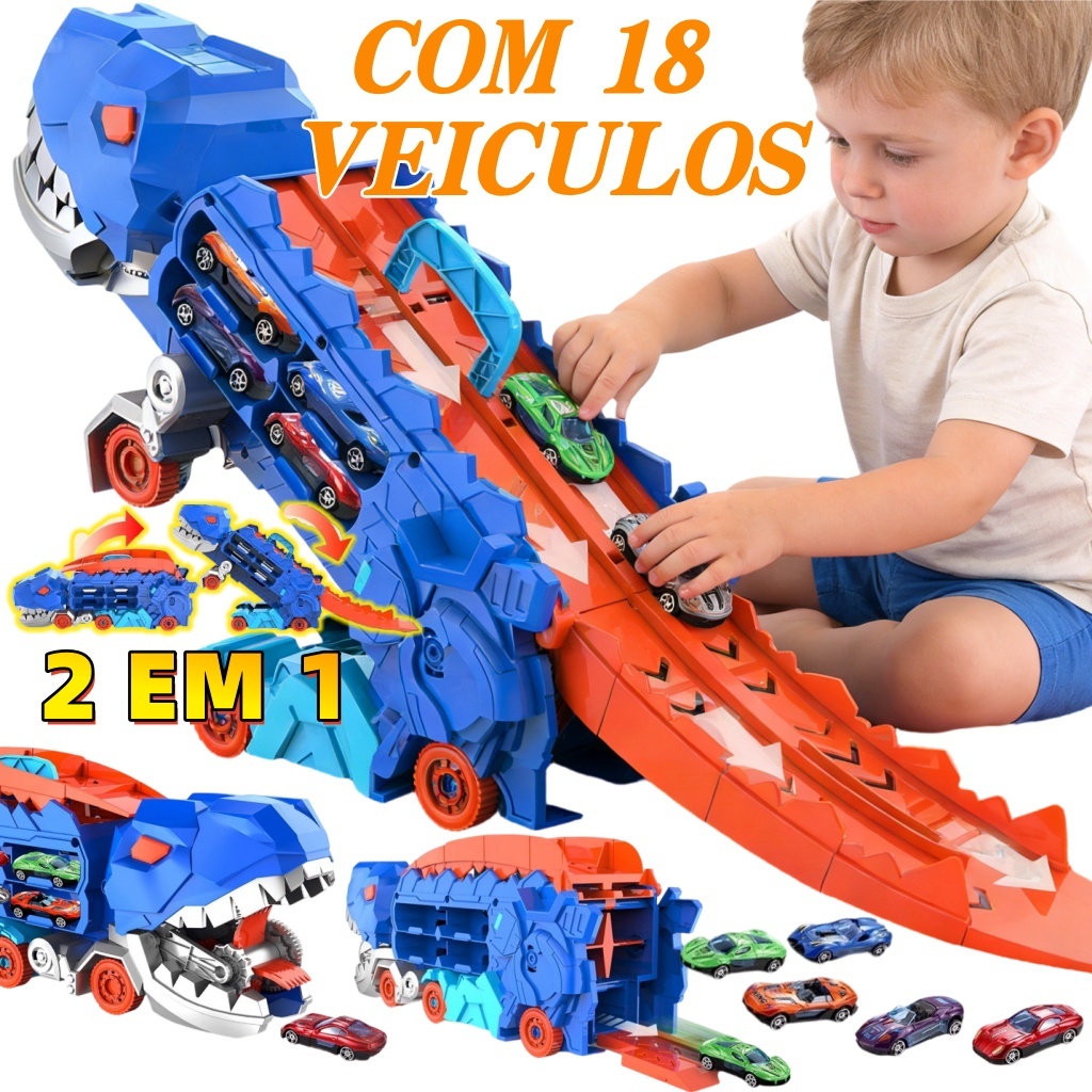 2 Em 1 Infantil Grande Brinquedo Carros De Dinossauro Caminhão Kit +18 Carrinho Monster Truck Transformes