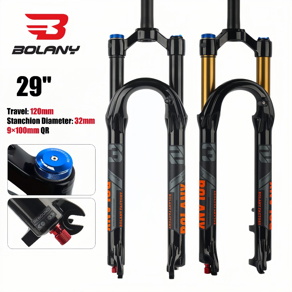 Garfo Mtb Bolany, Trava manual, 120mm, Espiga reta, Super lubrificado, Manutenção descomplicada, Amortecimento, Disco.