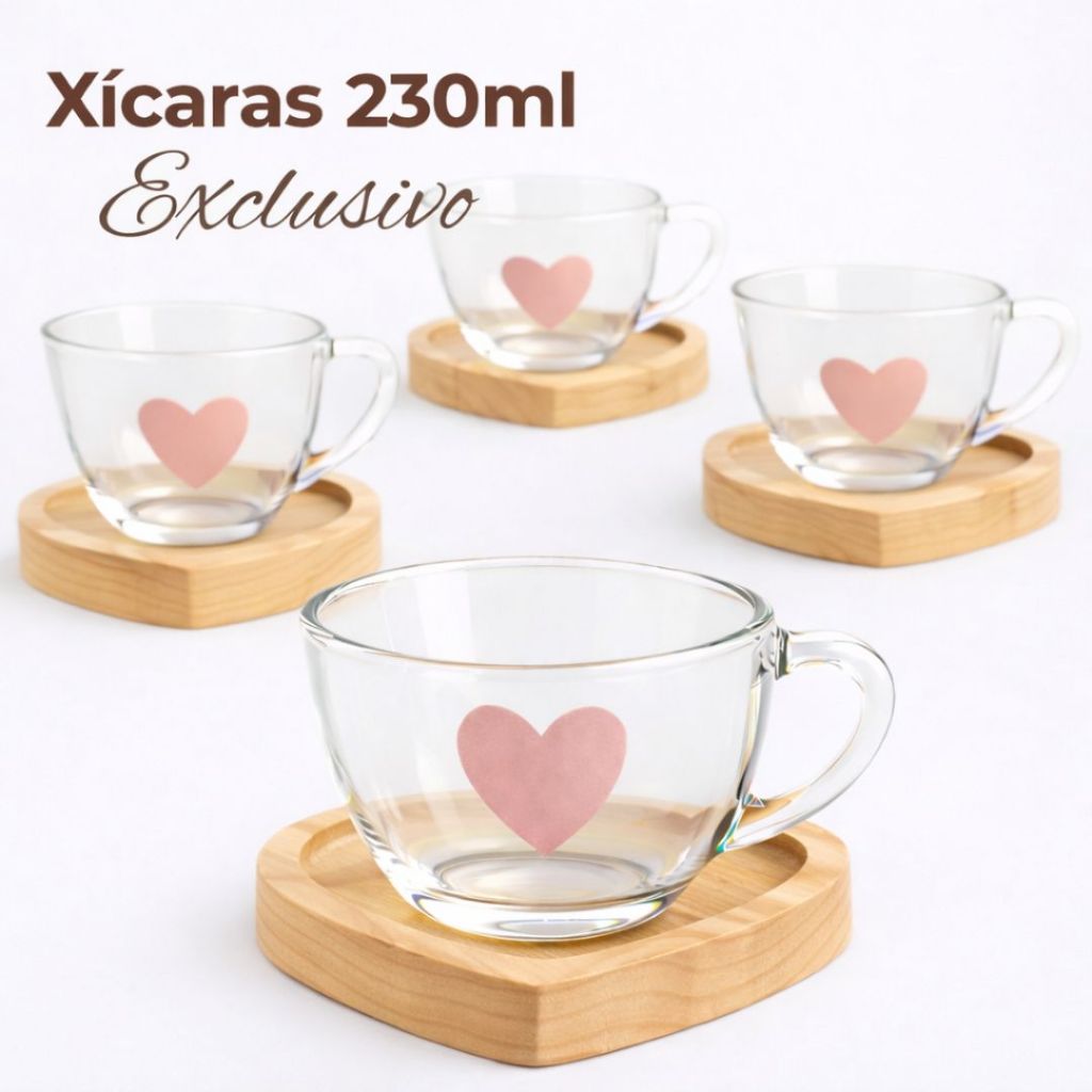 Jogo Xícaras Café Chá Pires  Madeira Coração Rosa Presente Dia das Mães Mesa Posta Cantinho do Café