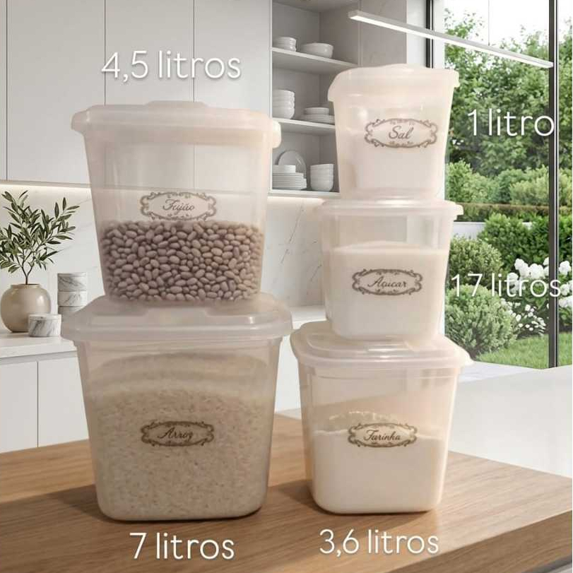 Kit Mantimento plástico premium transparente 5 peças potes grandes  organização cozinha