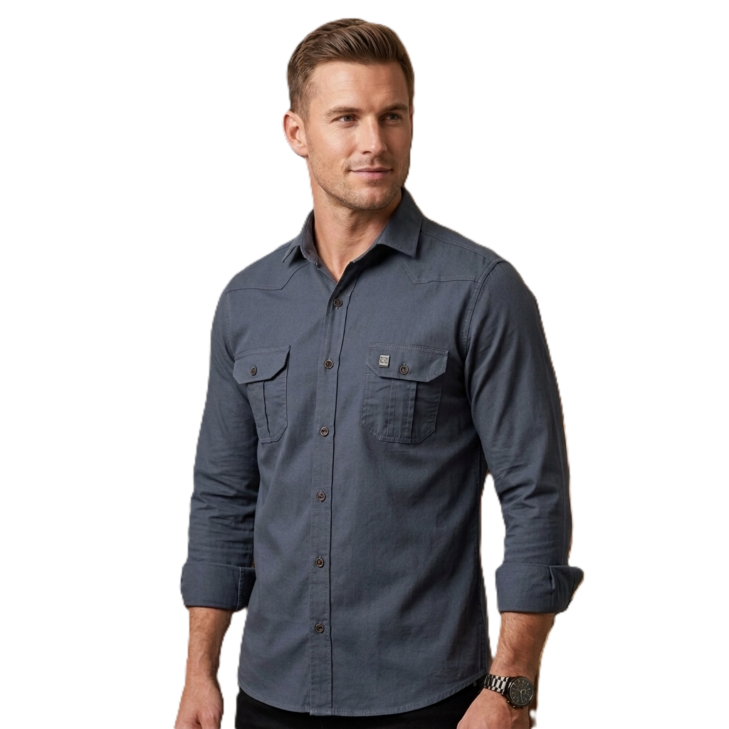 Camisa Social Amil Masculina Estilo Militar Manga Longa 2 Bolsos Slim Fit 100% Algodão