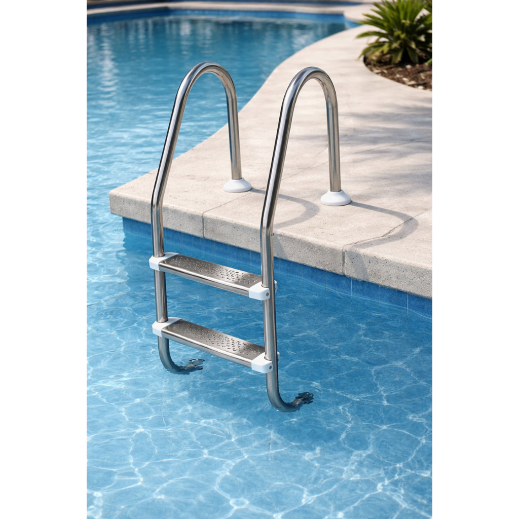 Escada Para Piscinas 02 Degraus Inox Antiderrapante Corrimão Resistente Reforçada Completa