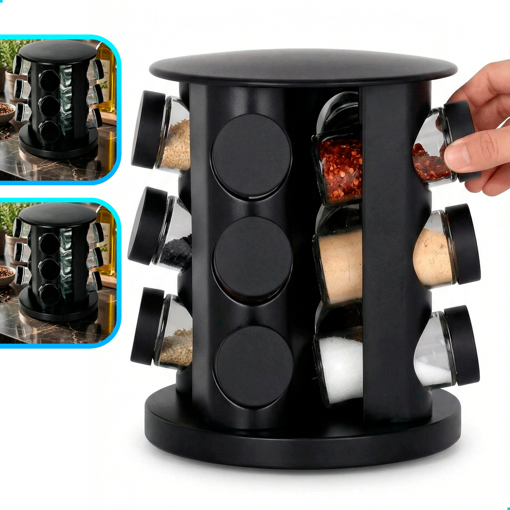 Imagem Porta Temperos Giratório 9 Potes Vidro com Tampa Dosadora Organização Cozinha Condimentos