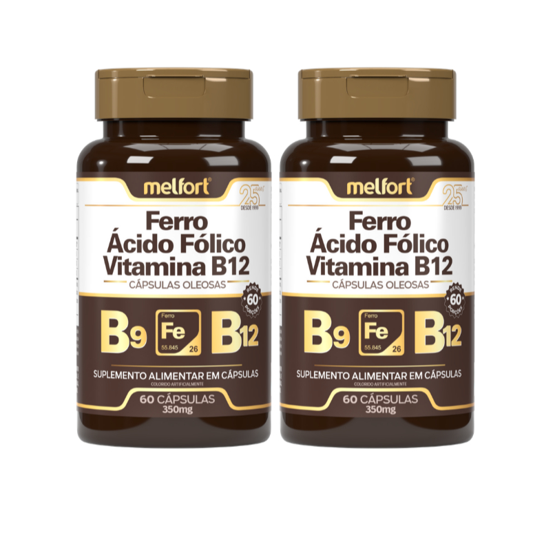 Kit 2x Ferro + Ácido Fólico + Vitamina B12 (60 cápsulas) - Melfort