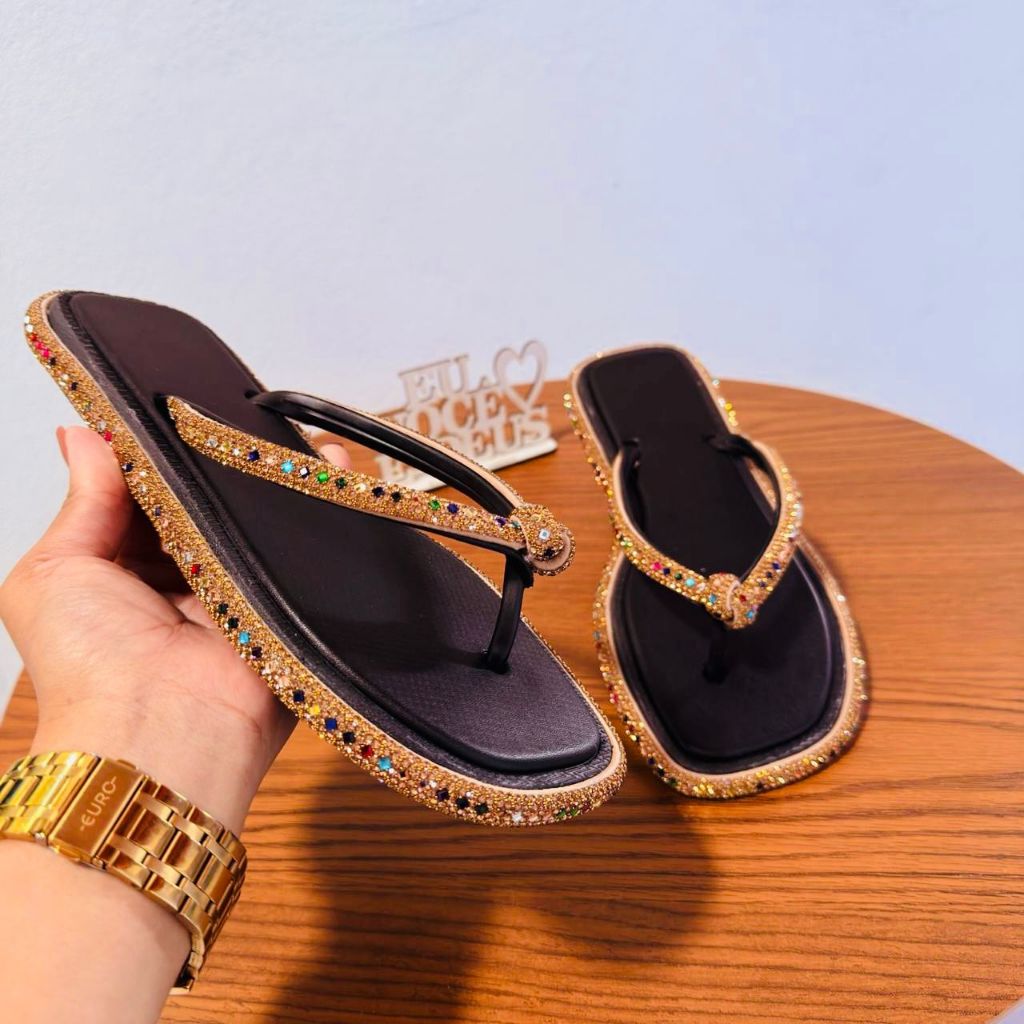Chinelo DUBAI Feminino Glamour Nó Strass Brilhante Leve Confortável Envio Imediato PROMOÇÃO