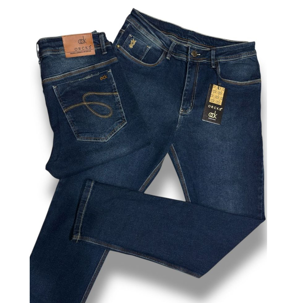 Calça masculina jeans escuro com elastano lavagem tingida slim