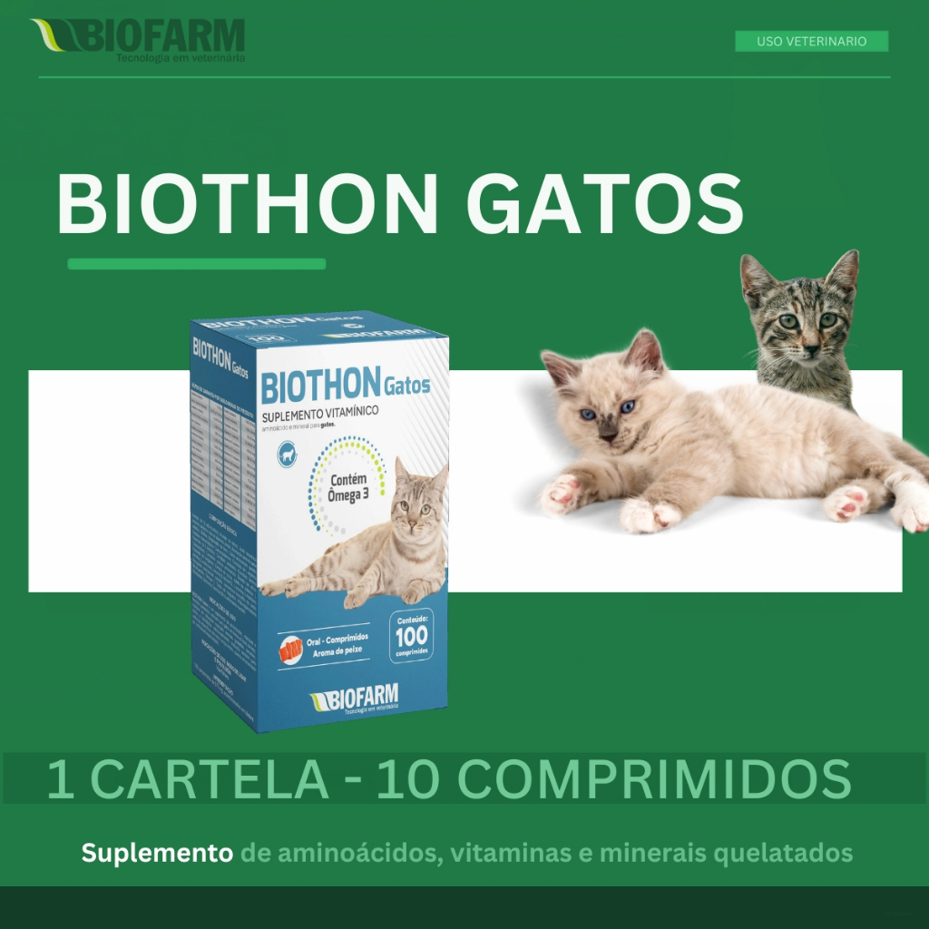 Biofarm Biothon Gatos Suplemento Alimentar Vitaminico Massa Muscular Pelos Brilhantes 10 Cp