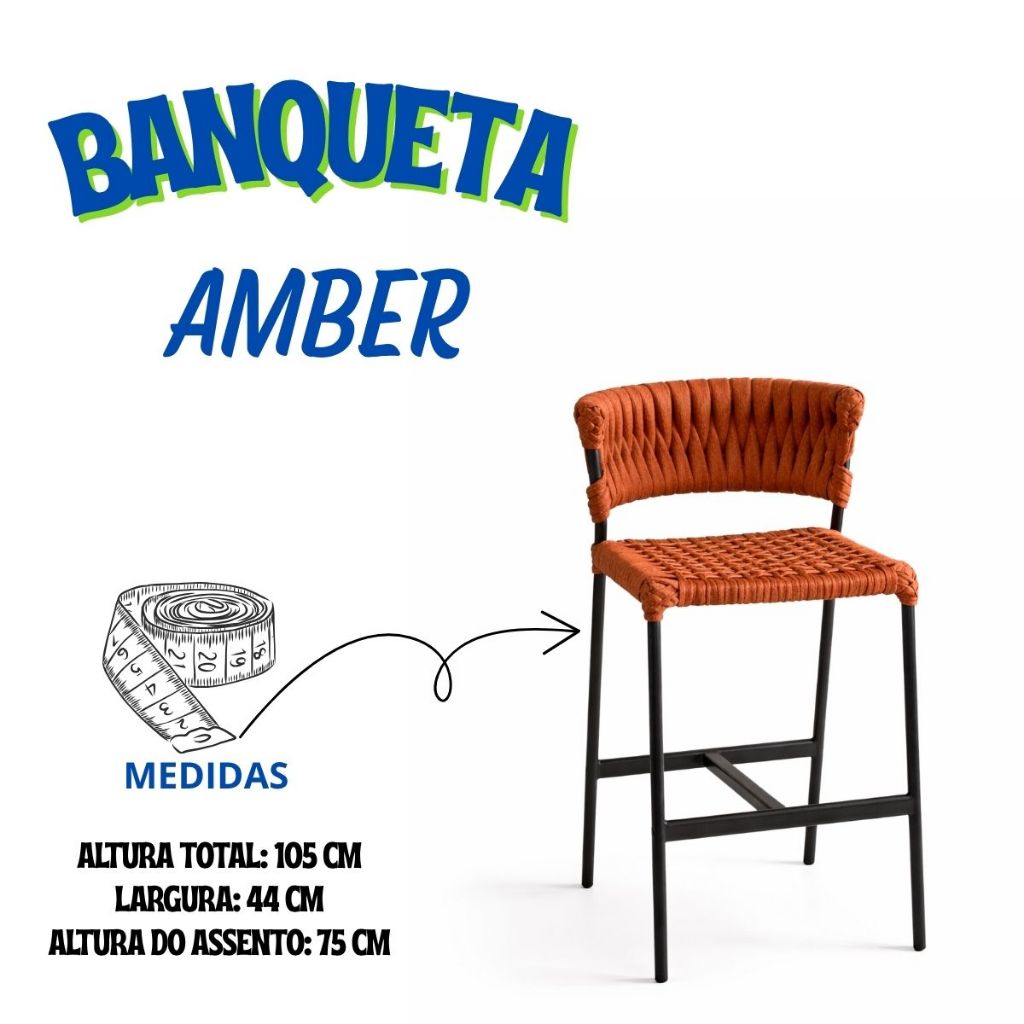 Detalhes do Kit Duas Banquetas Amber Banco Alto Bistrô Alumínio Corda Náutica Cozinha Gourmet Balcão Moderno