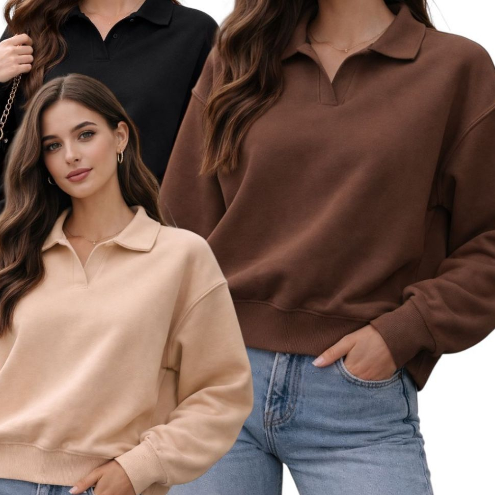 Moletom Feminino Oversized Gola Polo Premium Casual Chic Confortável Manga Longa Moda Inve...