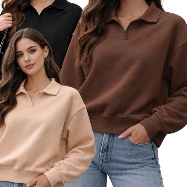Moletom Feminino Oversized Gola Polo Premium Casual Chic Confortável Manga Longa Moda Inverno