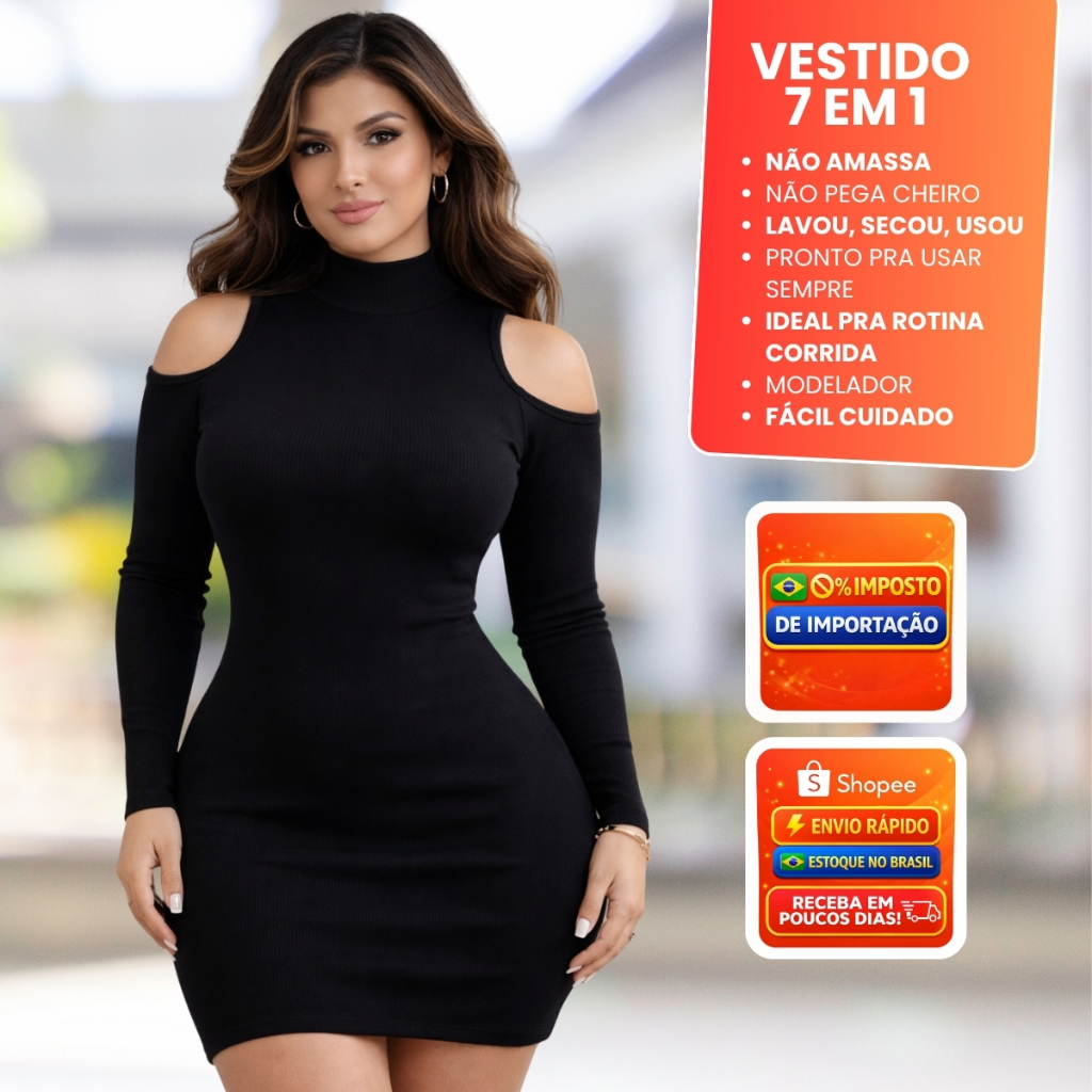 Vestido Feminino Midi Justo Manga Longa Gola Alta Modelador Preto Elegante Balada Moda 2026