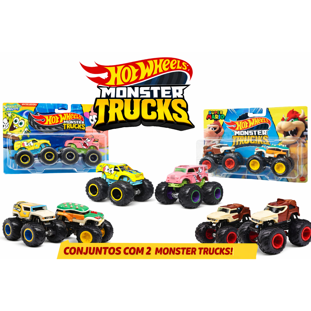 Monster Trucks Pack 2 Unidades FYJ64 – Bob Esponja, Mario, Tiger Shark, 5 Alarm e Outros Modelos