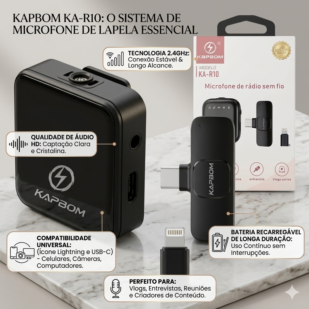 Microfone Lapela Sem Fio KA-R10 Bluetooth Tipo-C Lightning Duplo Profissional Para Celular