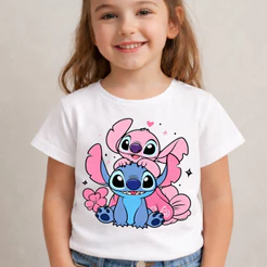 Camiseta Infantil Menina Stitch e Angel Amor Love Coração Fofos Blusa em Algodão Premium Juvenil