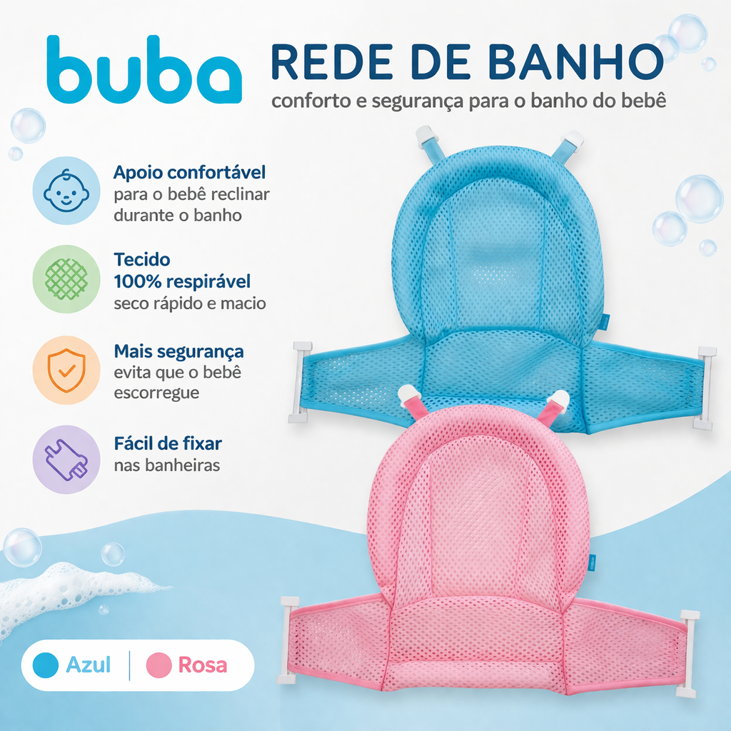 Rede de Proteção Banho Buba para Banheira Ajustável Universal Apoio Bebê Menino Menina Azul Rosa
