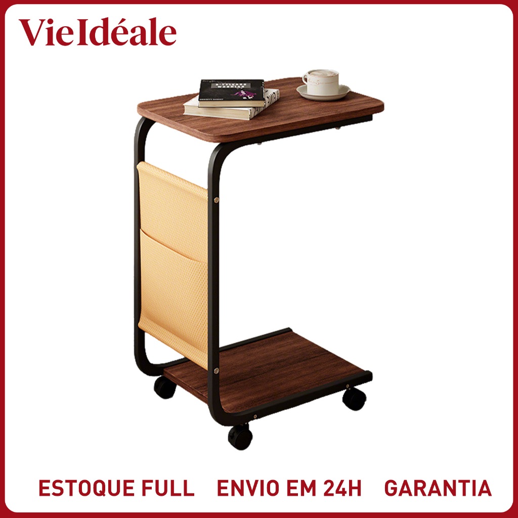 Mesa Lateral Móvel com Rodas para Notebook - Carrinho Multiuso com Prateleira para Sala e Quarto Moderna em Oferta na Shopee