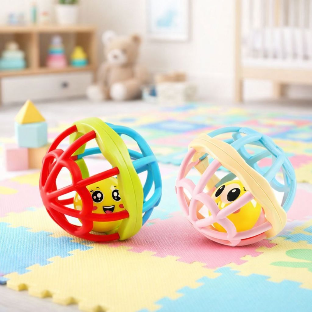Kit 2 Bolinhas Chocalho Infantil Menino Menina Candy Colors Sensorial Silicone Mordedor Divertido