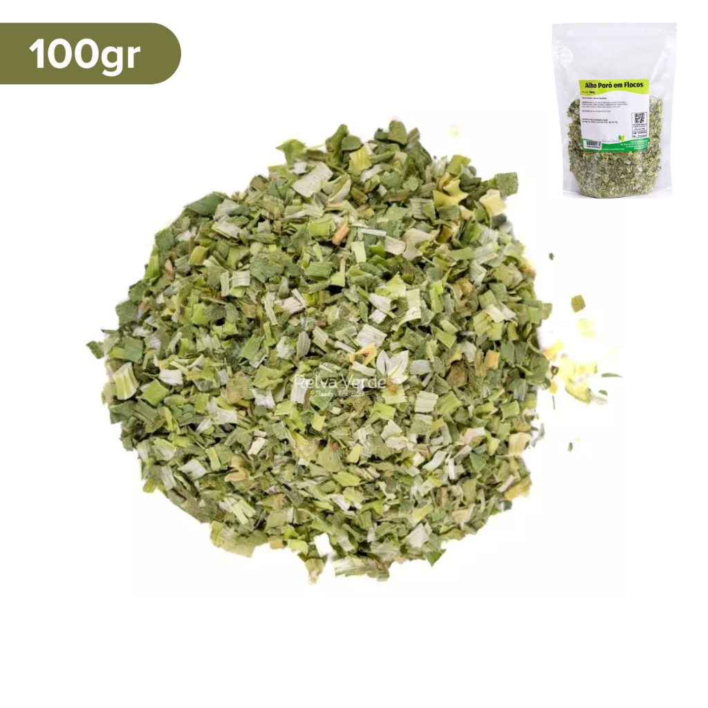 Alho Poró Desidratado em Flocos Seco 100g Relva Verde Para Culinária Receitas