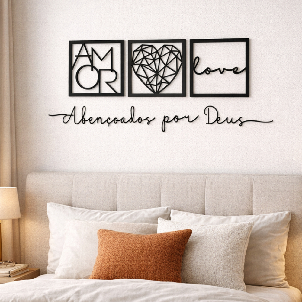 Kit 3 Quadros Love Coração Geométrico Amor + Frase de Parede Abençoados por Deus Religioso Mdf em Oferta na Shopee