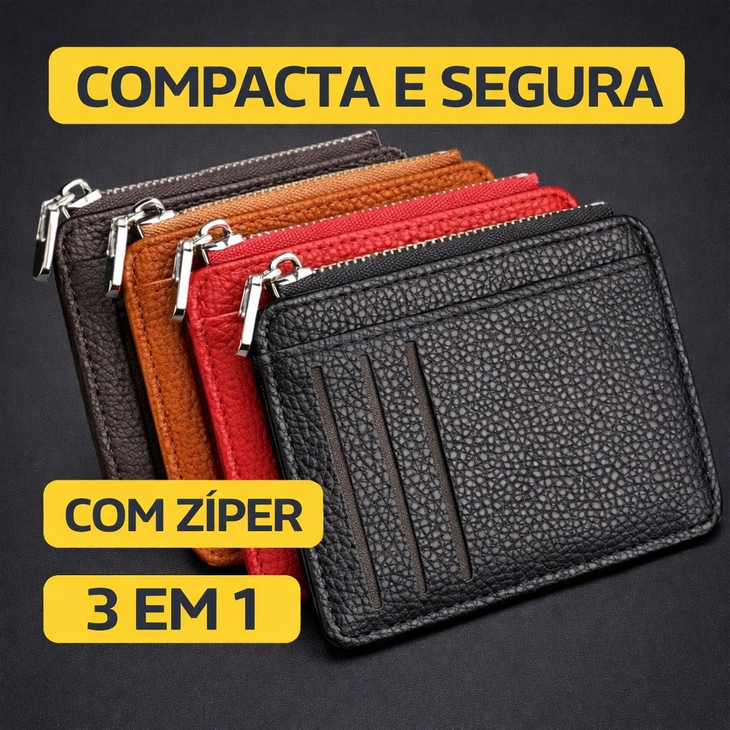 Carteira Slim Compacta 3 em 1 Porta Cartões com Zíper Couro Sintético Masculina Feminina