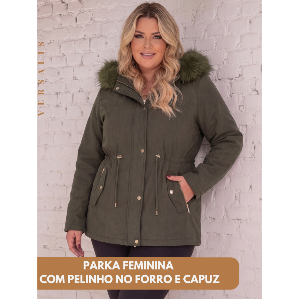 Jaqueta Parka Plus Size Feminina Sobretudo Inverno Forrada Pelinho Casaco Quentinho Capuz Removivel Luxo