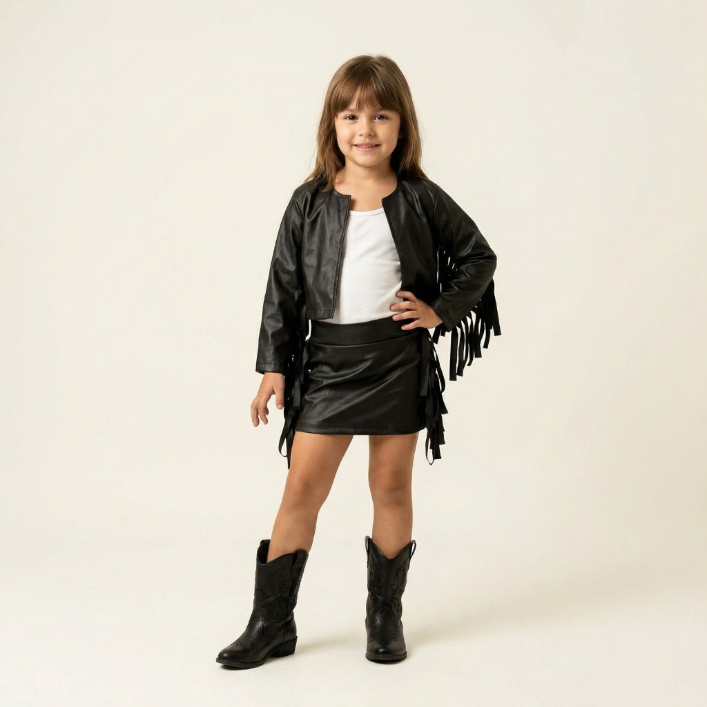 Conjunto Infantil Boiadeira Menina Country Couro Fake Luxo