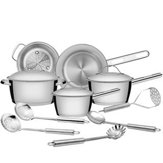 Jogo de Panelas Tramontina Allegra em Aço Inox com Fundo de Indução e Utensílios Inox 10 peças em Oferta na Shopee