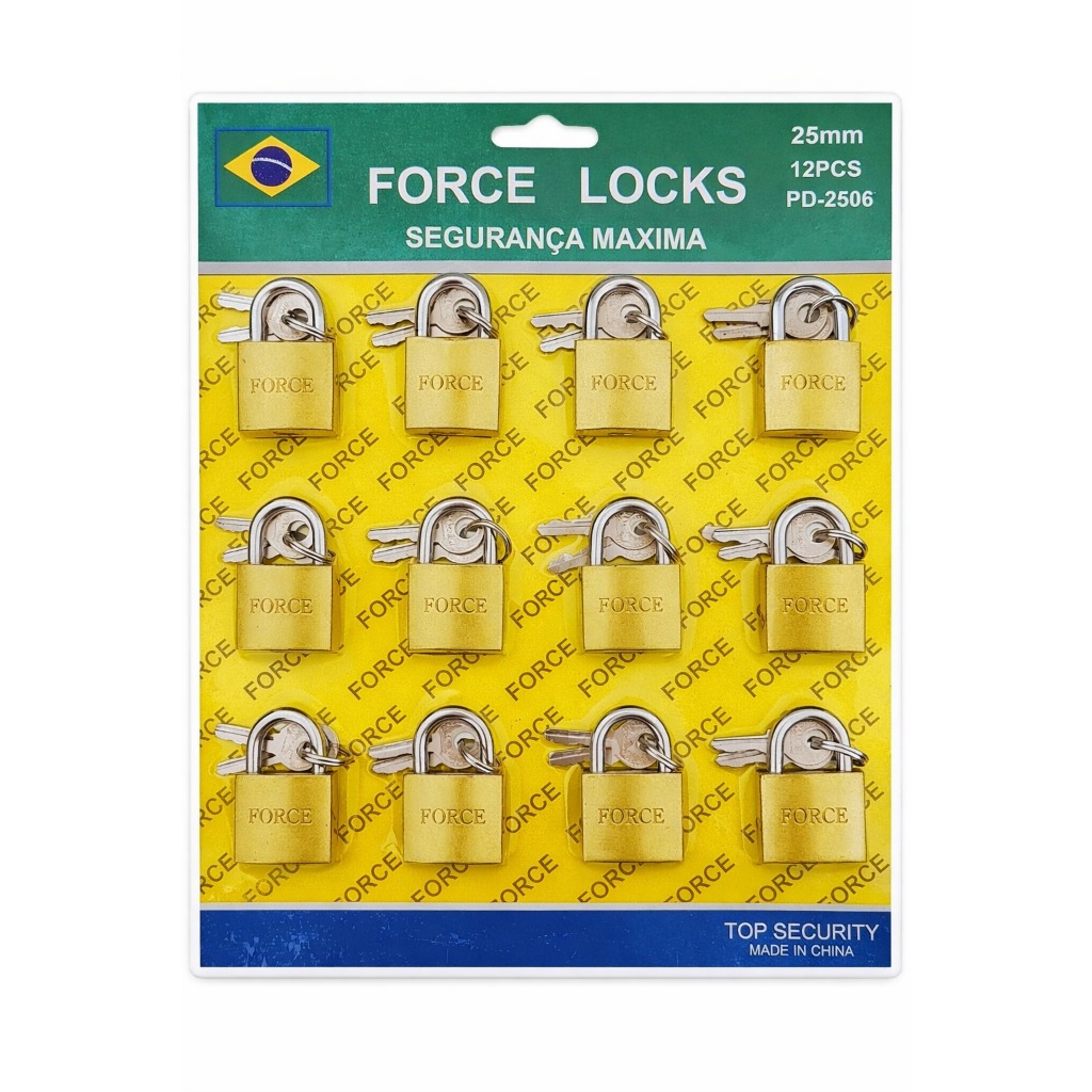 Cadeado 25mm Force Locks - Cartela com 12 Unidades I Atacado I Revenda