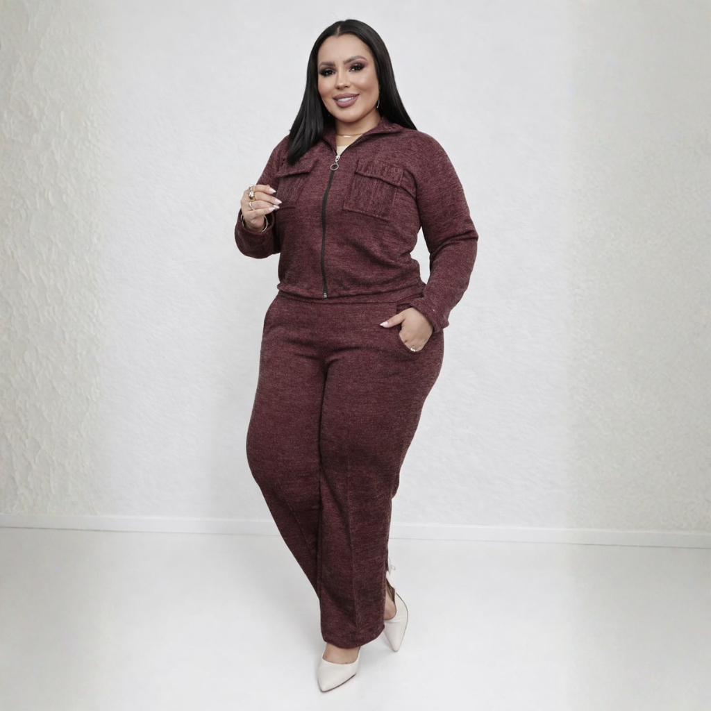 Conjunto Feminino Inverno Plus Size Pantalona casaco Elegante Bolso e Zíper confortável estiloso moda tricô quentinho
