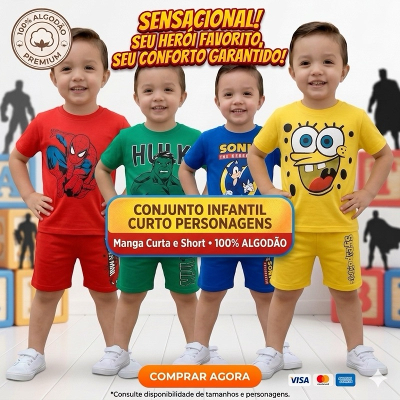 Conjunto Infantil Menino Verão Personagens Super Heróis 100% Algodão 30.1 em Oferta na Shopee