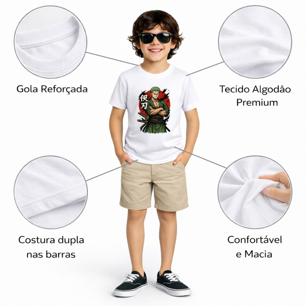 Camiseta Infantil Menino Zoro da Turma One Piece Luffy Chapéu de Palha Malha Premium Anime e Manga — imagem 2 de 2