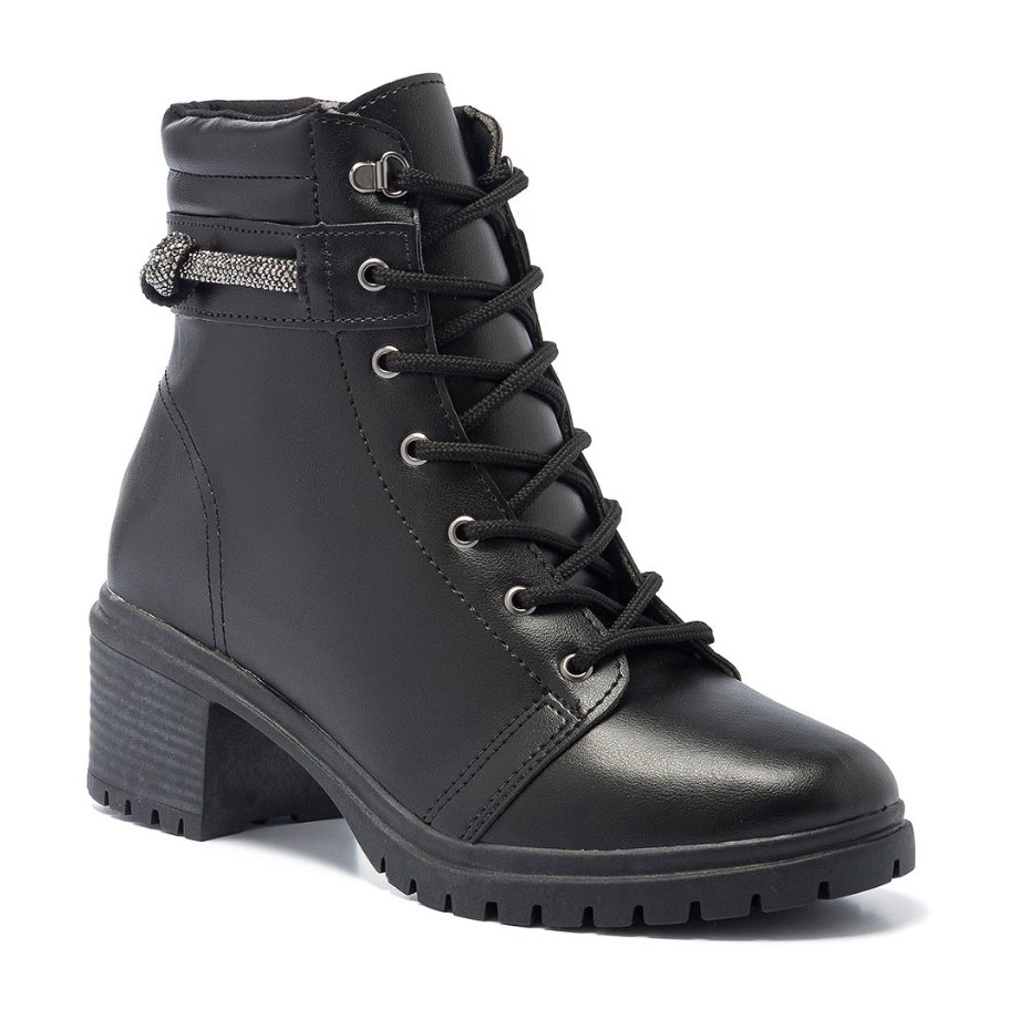 Coturno Feminino Stessy Shoes Bota Cano Baixo Salto Tratorado Brilho Strass Nó Confortável Original