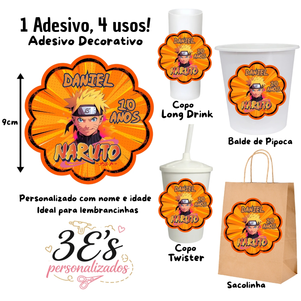 Naruto Adesivos Personalizados Sacolinhas Balde de Pipoca Copo Twister Copo Long Drink