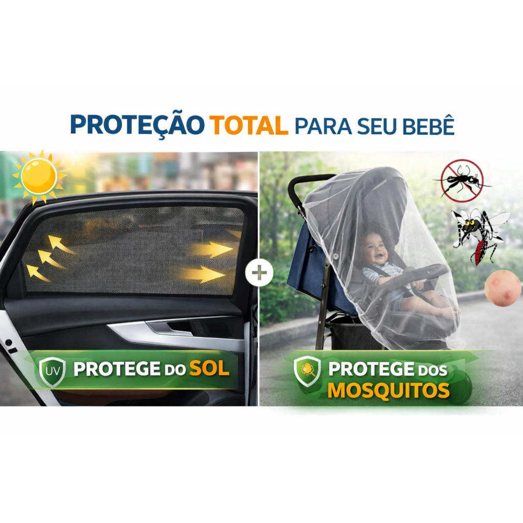KIT PROTEÇÃO BEBÊ CONFORTO UNIVERSAL – CAPA SOLAR + MOSQUITEIRO RESPIRÁVEL | ANTI UV | CONFORTO E SEGURANÇA
