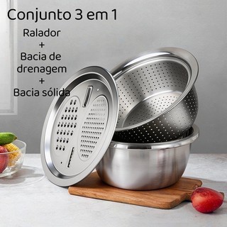 Conjunto 3 em 1 Inox Ralador com Tigelas | Escorredor + Bacia + Fatiador Multifuncional