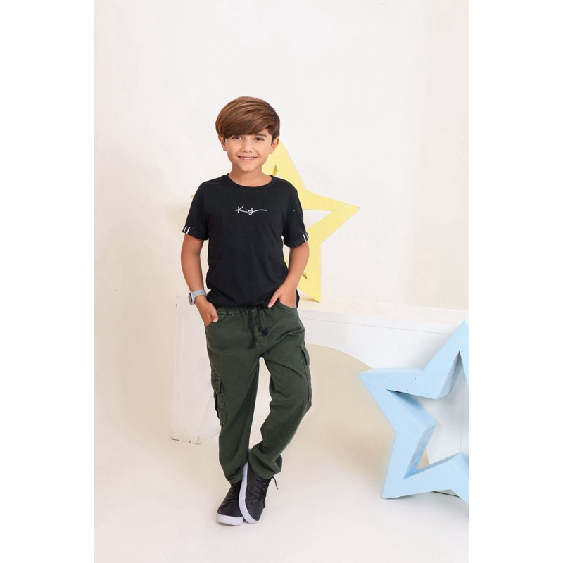 Calça Cargo Infantil Masculina cargo Sarja com Cordão Menino infantil juvenil Estilo Skatista