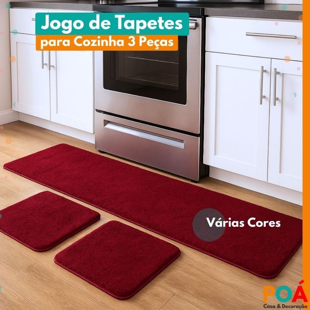 Kit Tapete Cozinha 3 peças Lavável Antiderrapante passadeira + 2 Tapetes Durável e Macio