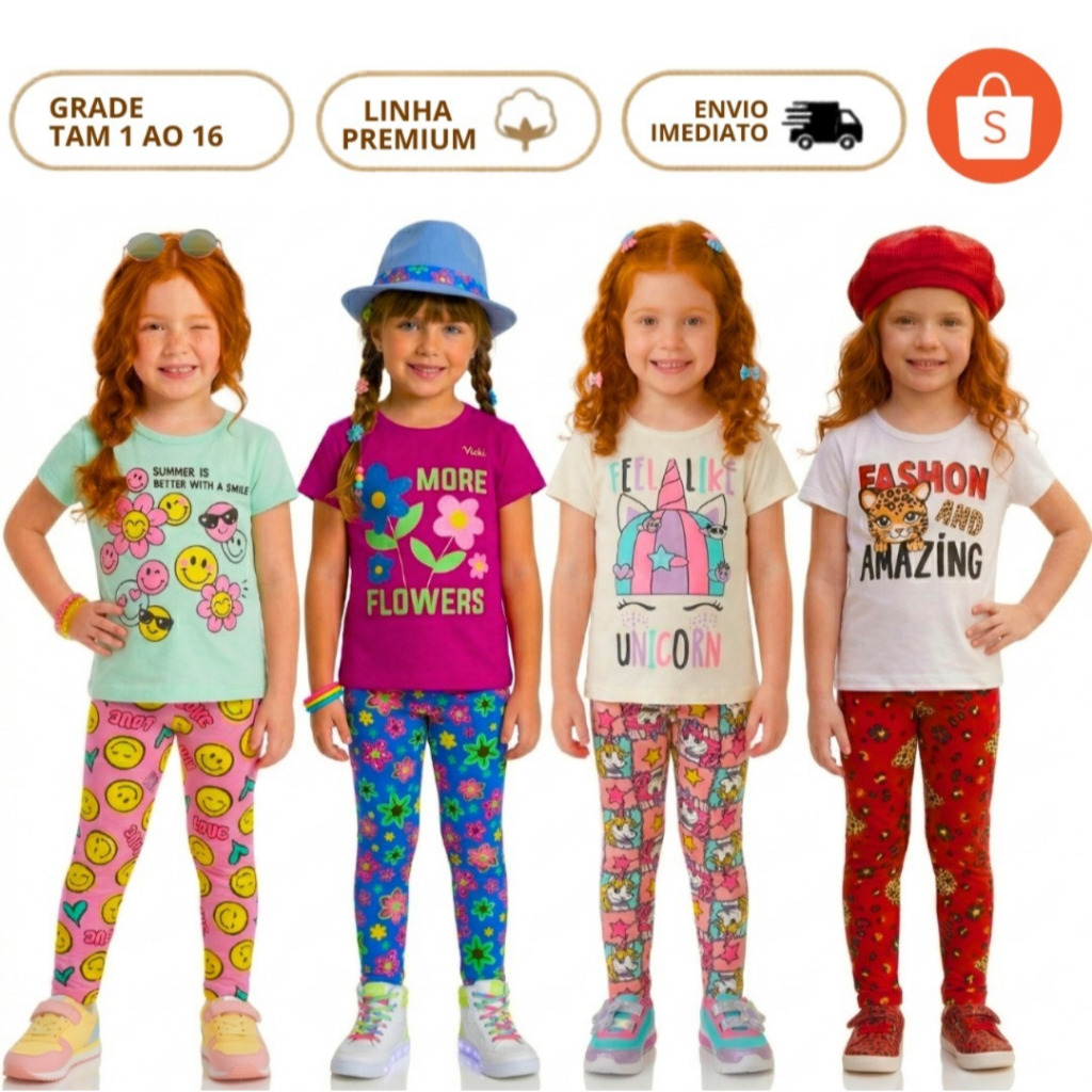 Kit 10 Peças Roupa Menina Verão Conjunto Infantil Feminino 5 Camiseta Regata 5 Calça Legging Barata