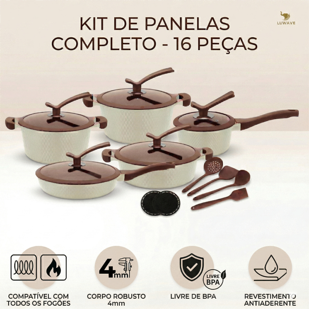 Conjunto Panelas 16 Peças Inox Luwave Com Utensílios De Silicone Gás e Elétrico e fogão de indução