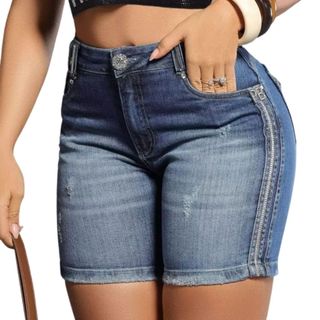 Bermuda Jeans feminina Soltinha Lavado Azul Médio com Bordado Manual Pit Bull Jeans