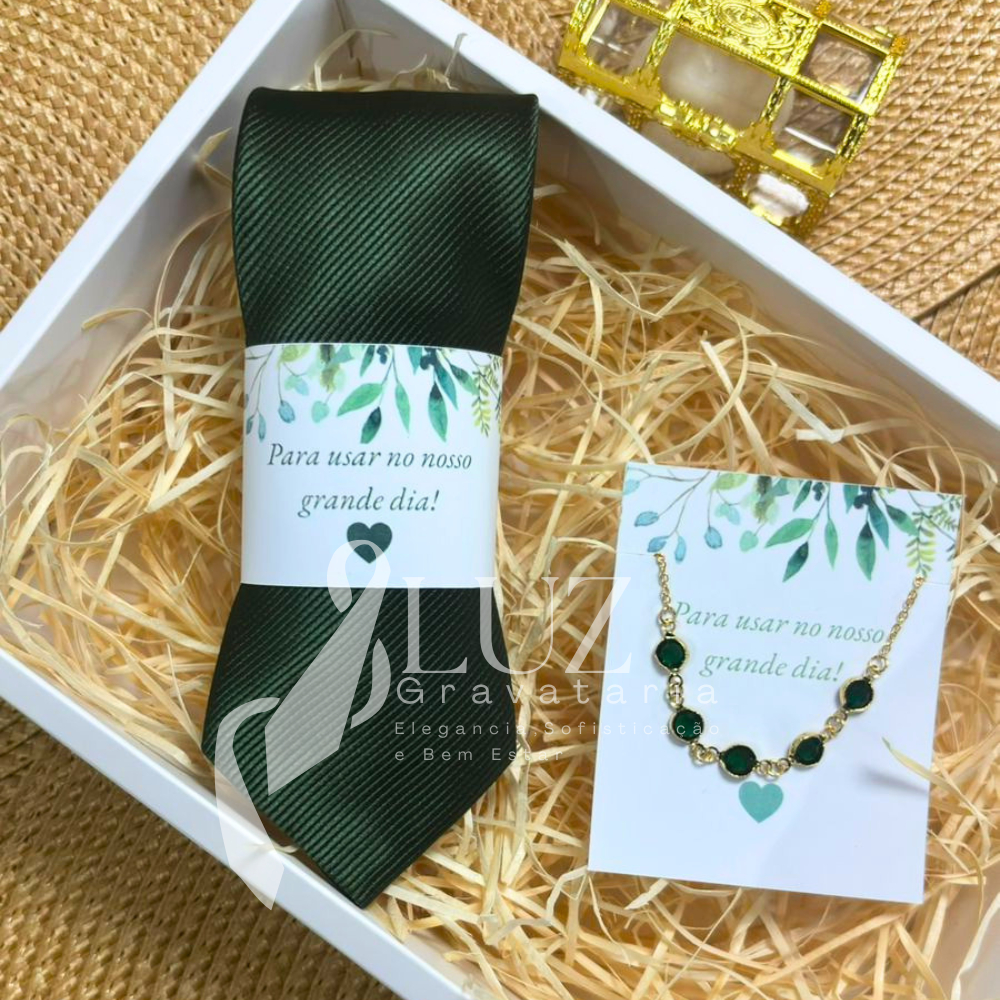Kit Padrinhos de Casamento Verde Oliva - Gravata + Pulseira com Pulseira Folheada Ouro