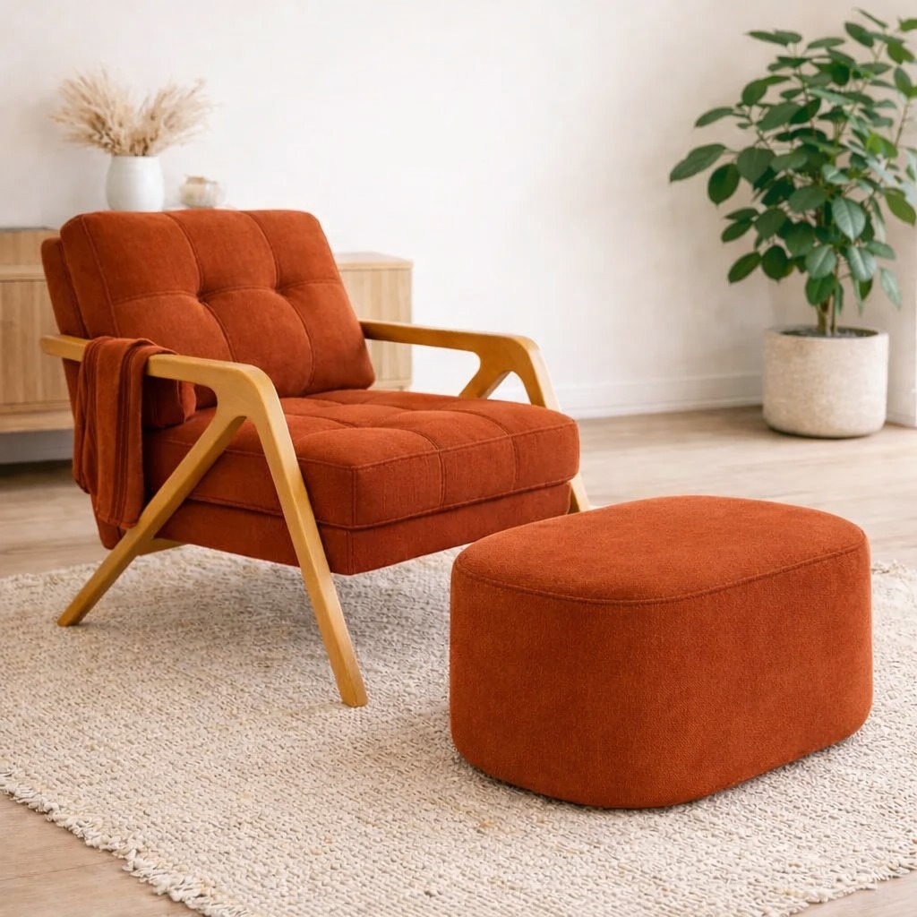 Kit Poltrona Mona Nervurada Mais Puff Oval Tecido Boucle Moderna Funcional Elegante
