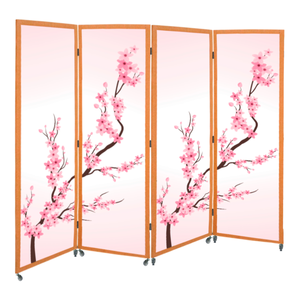 4 Biombo Inteiro Oriental Flor Sakura Rodinha Divisor Ambiente Cerejeira Divisória Separado Mdf Tecido Sanfonado Rodízio